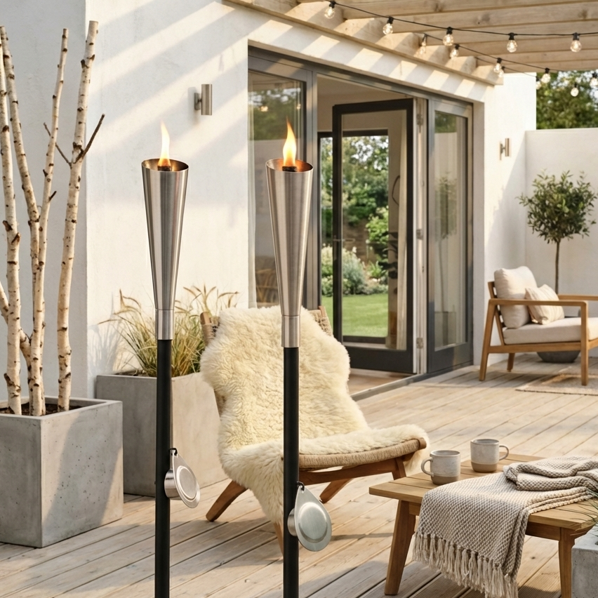 Garden patio under cover with flame torches burning