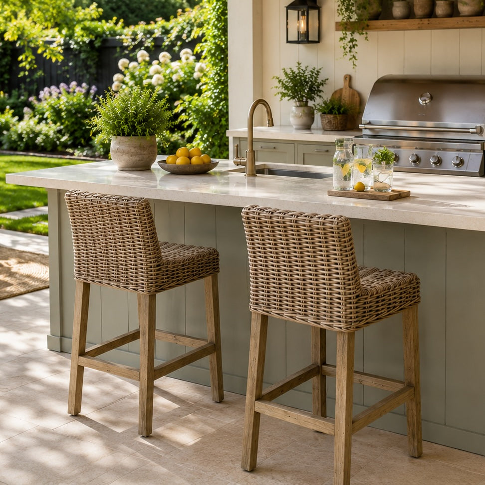 rattan bar stools at island in an outdoor kitchen area