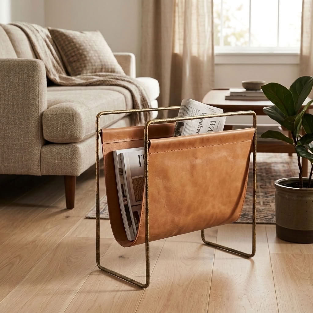 a neutral living room with a leather magazine holder and a plant next to it