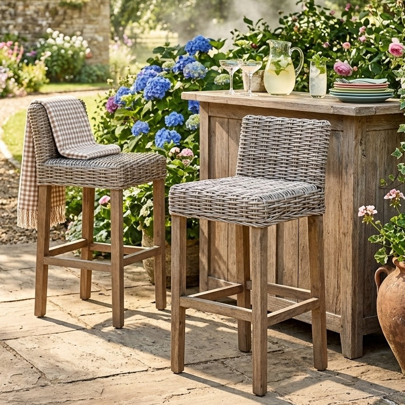 garden patio with outdoor kitchen, rattan bar stools at garden bar with drinks