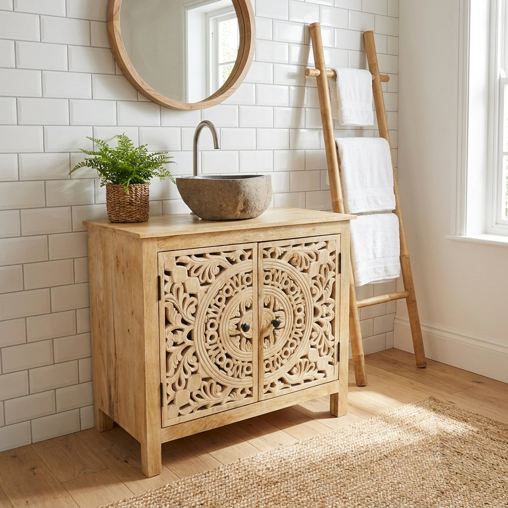 Modern Bathroom with mango wood vanity unit, stone sink, and towel ladder against a tiled wall.