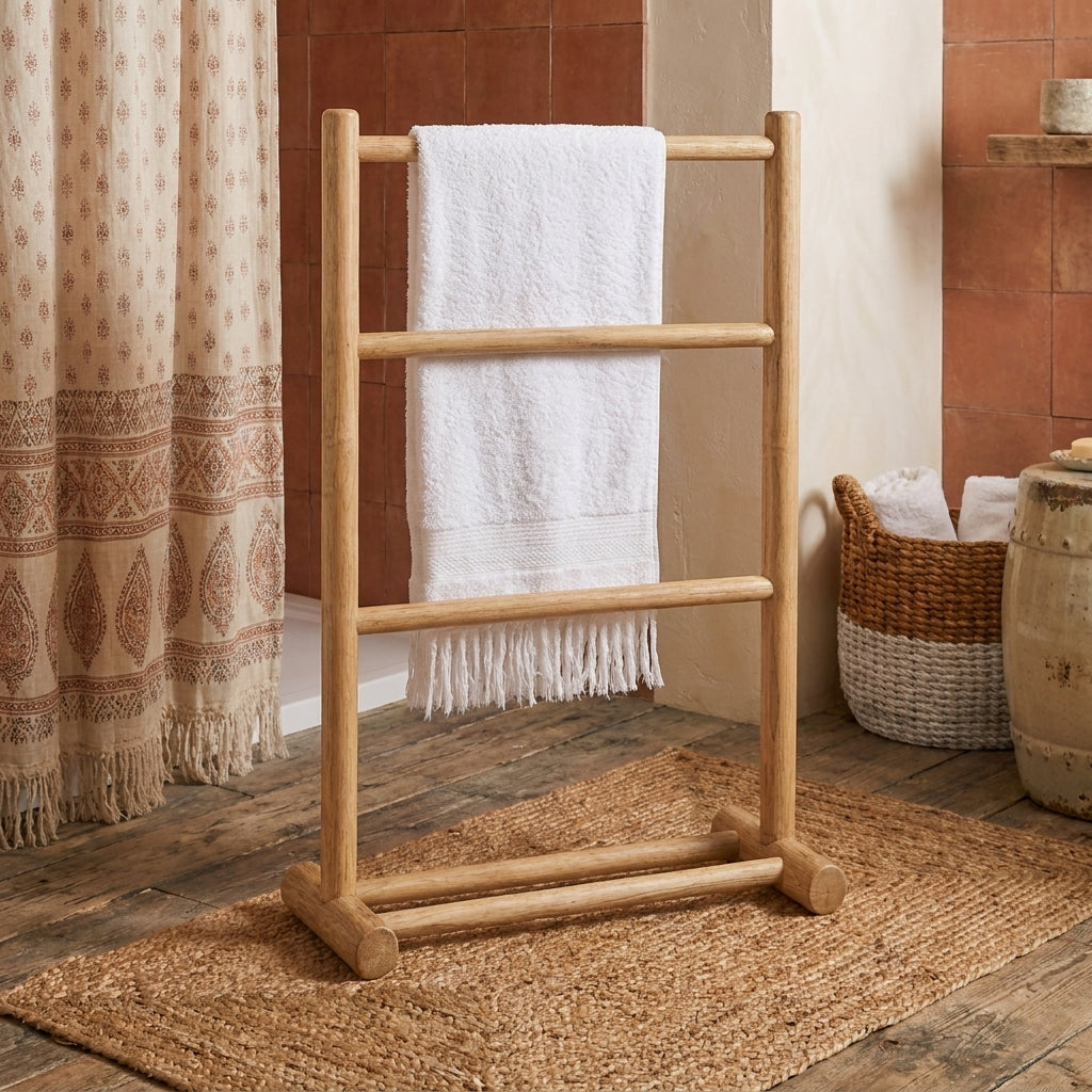 Natural wooden towel rail that is freestanding in a moroccan style bathroom with wicker rug and basket