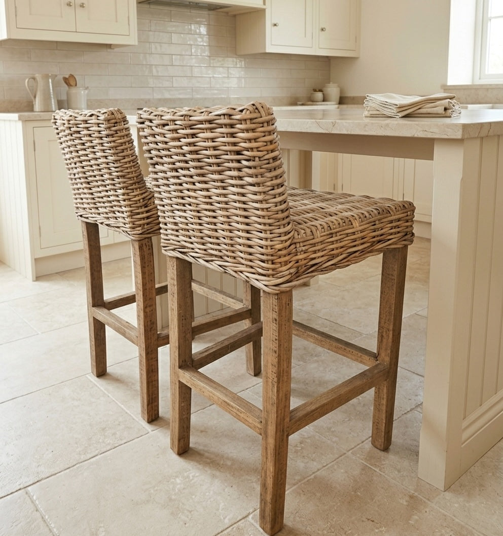 Two woven wicker bar stools with rustic wooden legs, positioned at a kitchen island with cream cabinetry and tiled flooring.