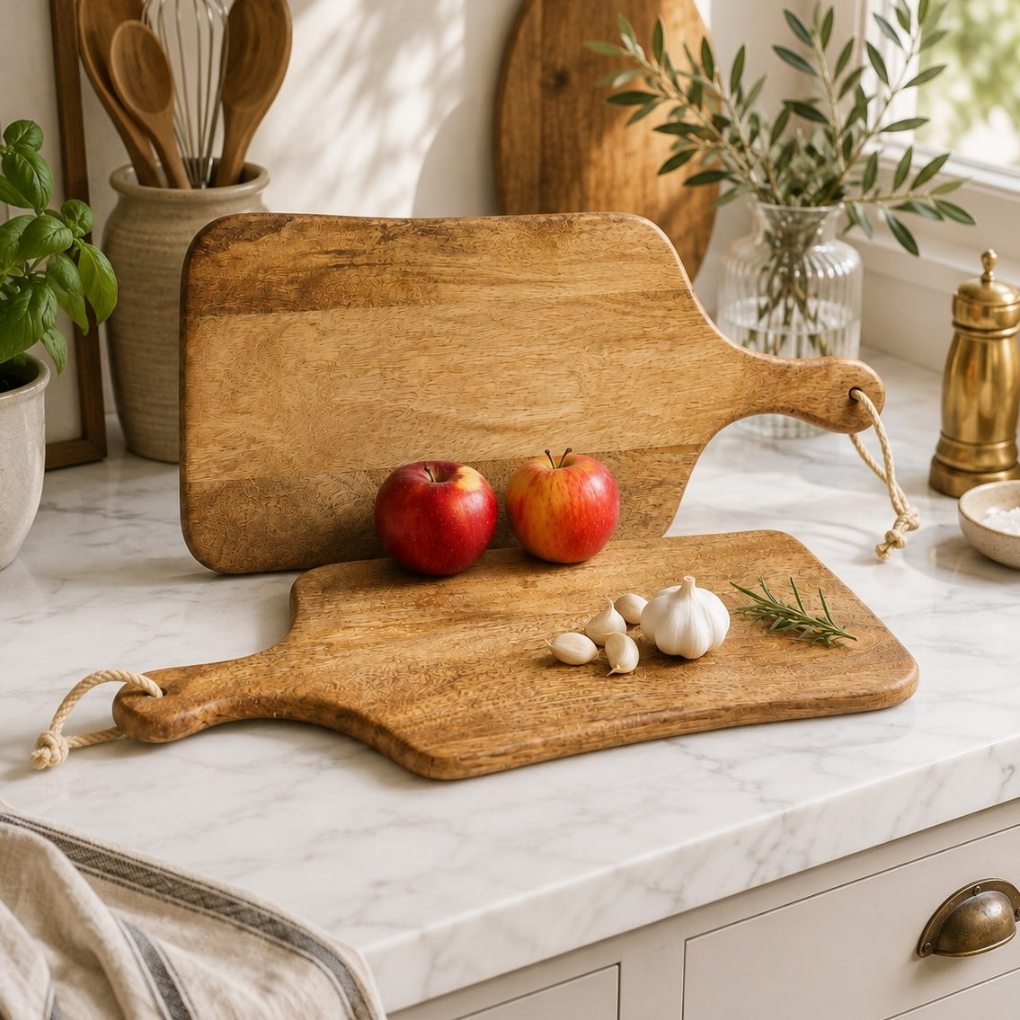 Two rustic wooden cutting boards with rope handles resting on a white marble kitchen counter, styled with apples, garlic, and rosemary, with kitchen plants and cabinets in the background.