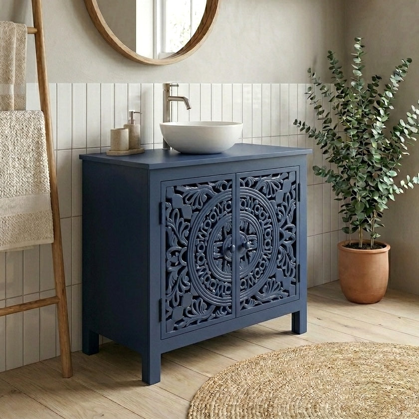 navy mango wood bathroom cabinet in bathroom with rug and ladder