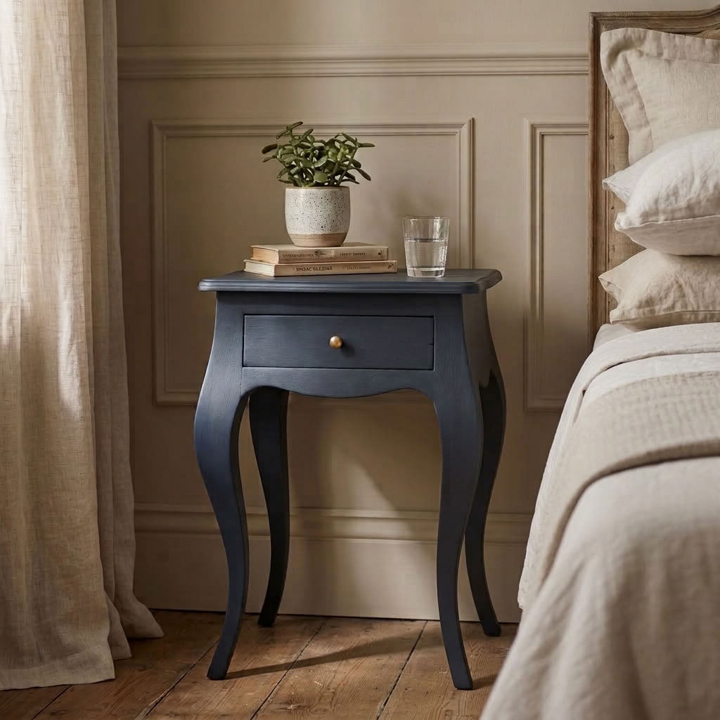 A navy blue bedside table with a single drawer and curved cabriole-style legs. Styled next to a bed with neutral linen sheets.