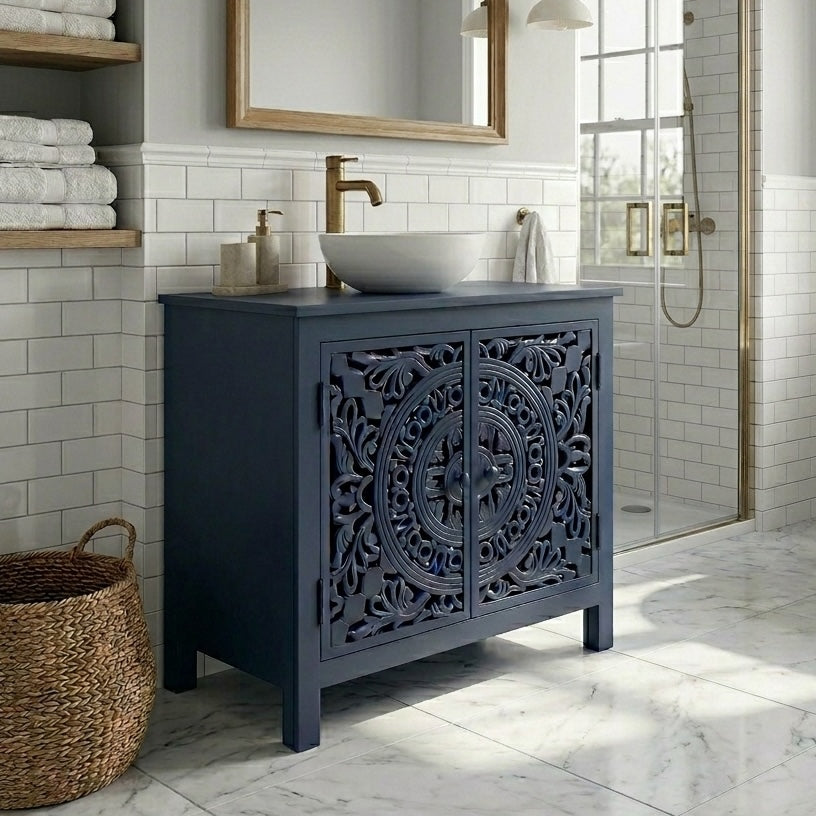 navy bathroom cabinet with carved doors, in grey bathroom