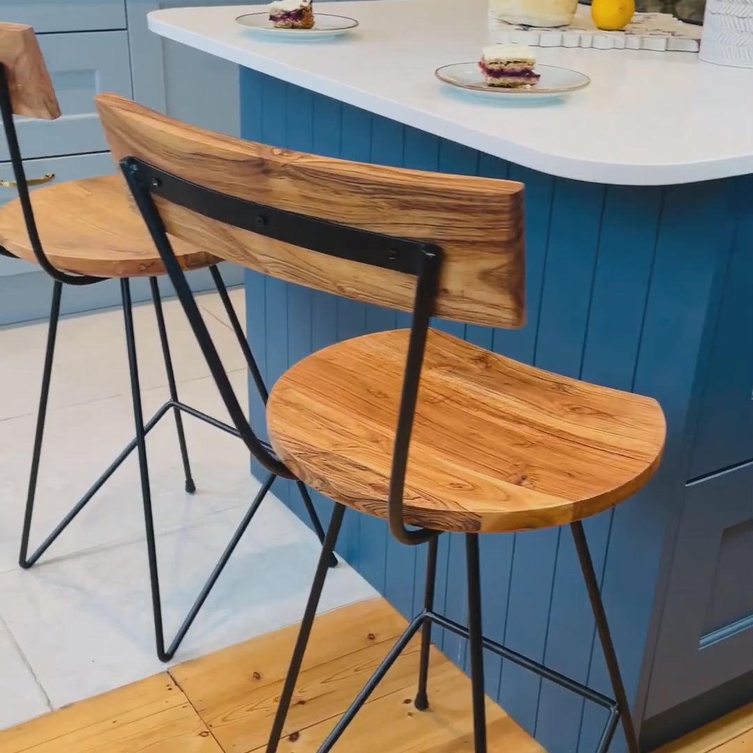 Load video: Wood kitchen stool with back