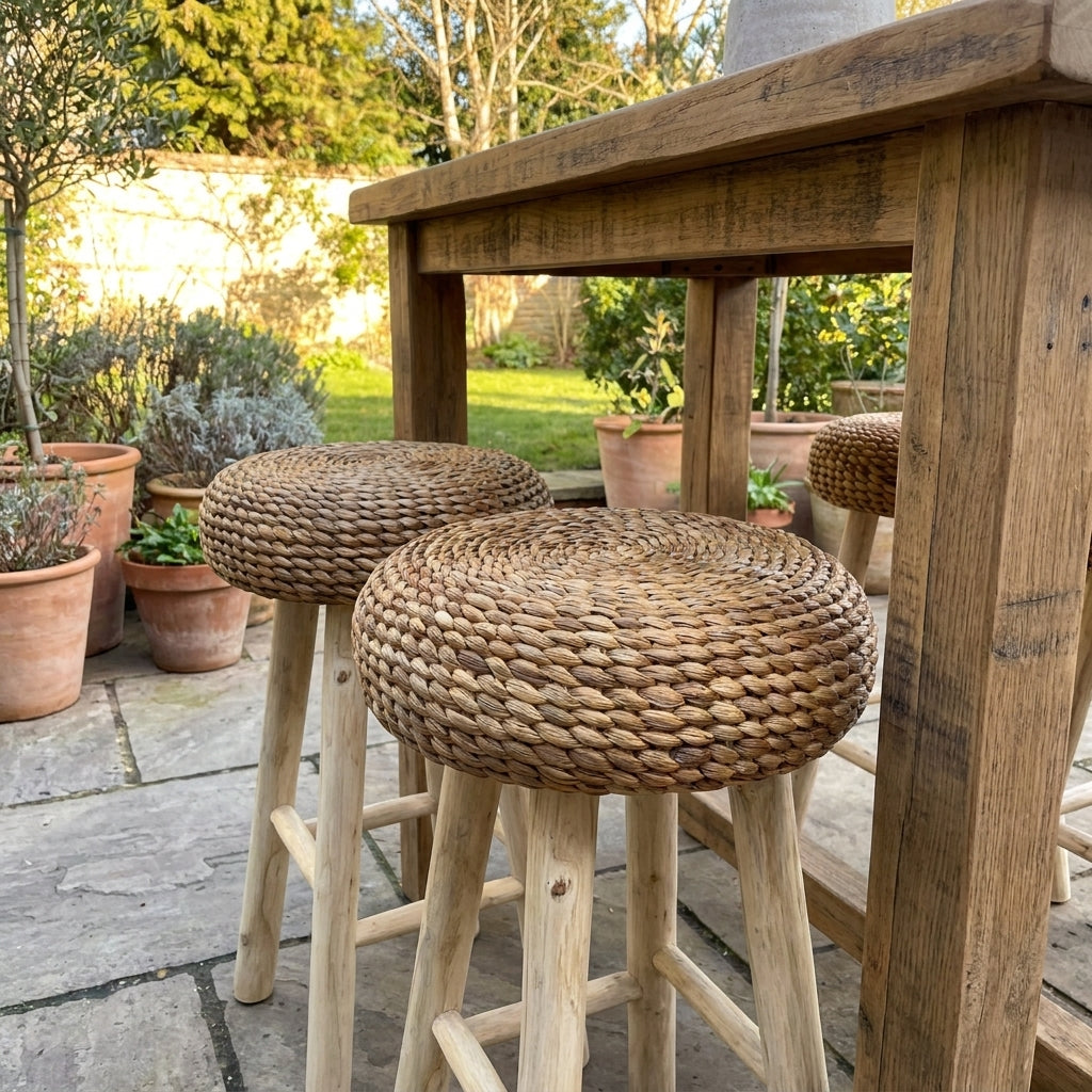 wicker stools on garden patio