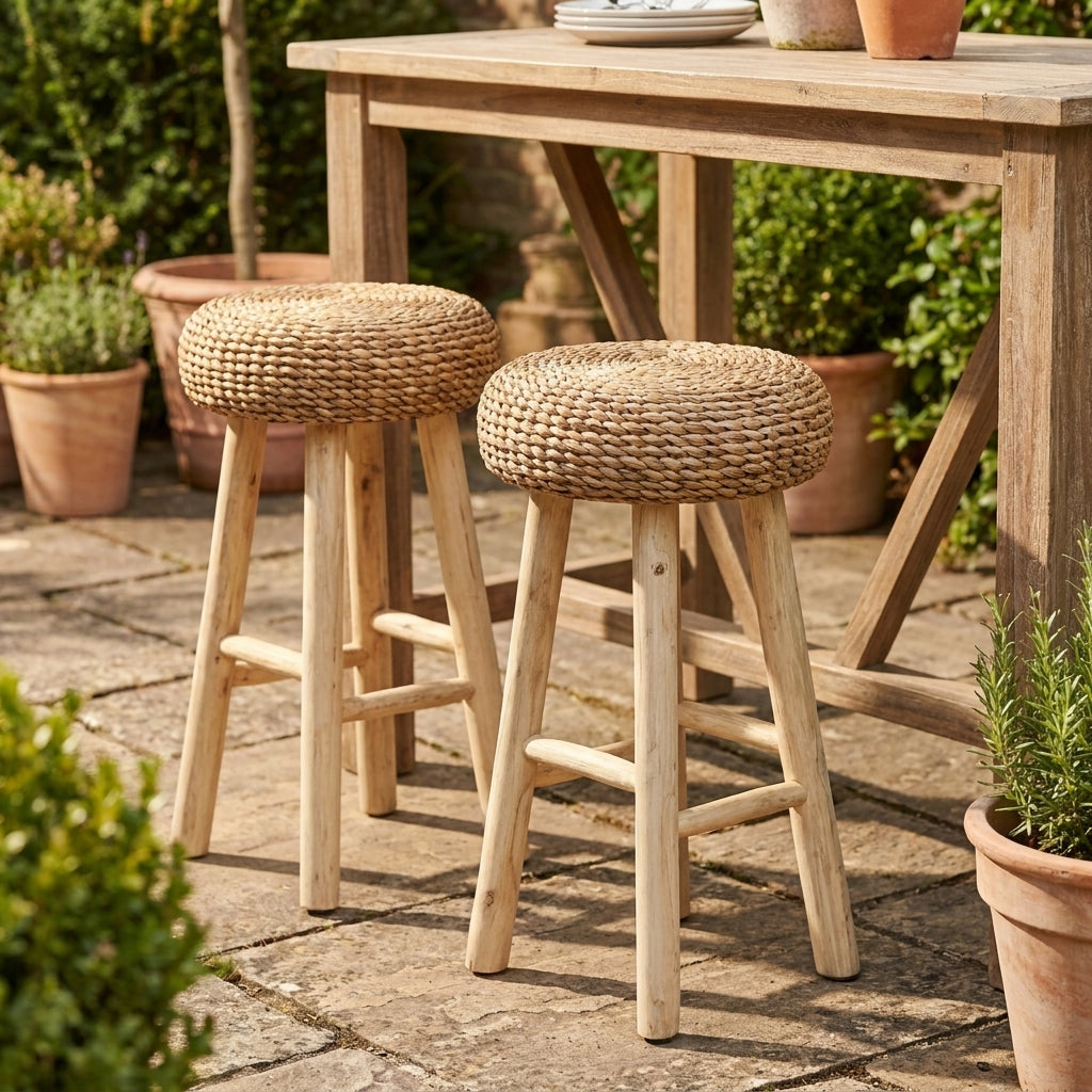 wicker bar stools at alfresco dinner table with plants
