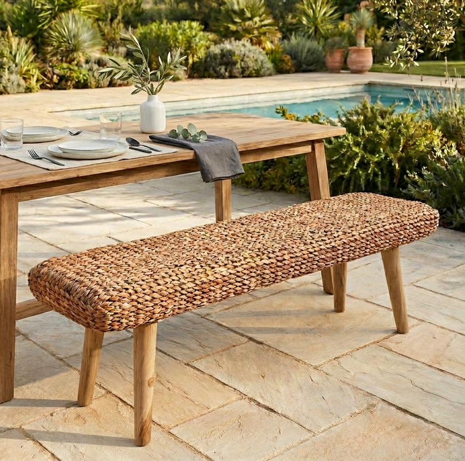 wicker bench in the garden at a dinner table by poolside