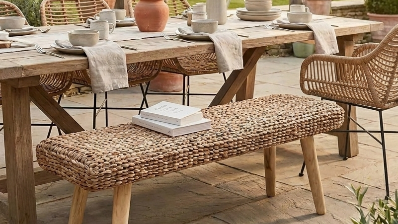 wicker bench on garden patio