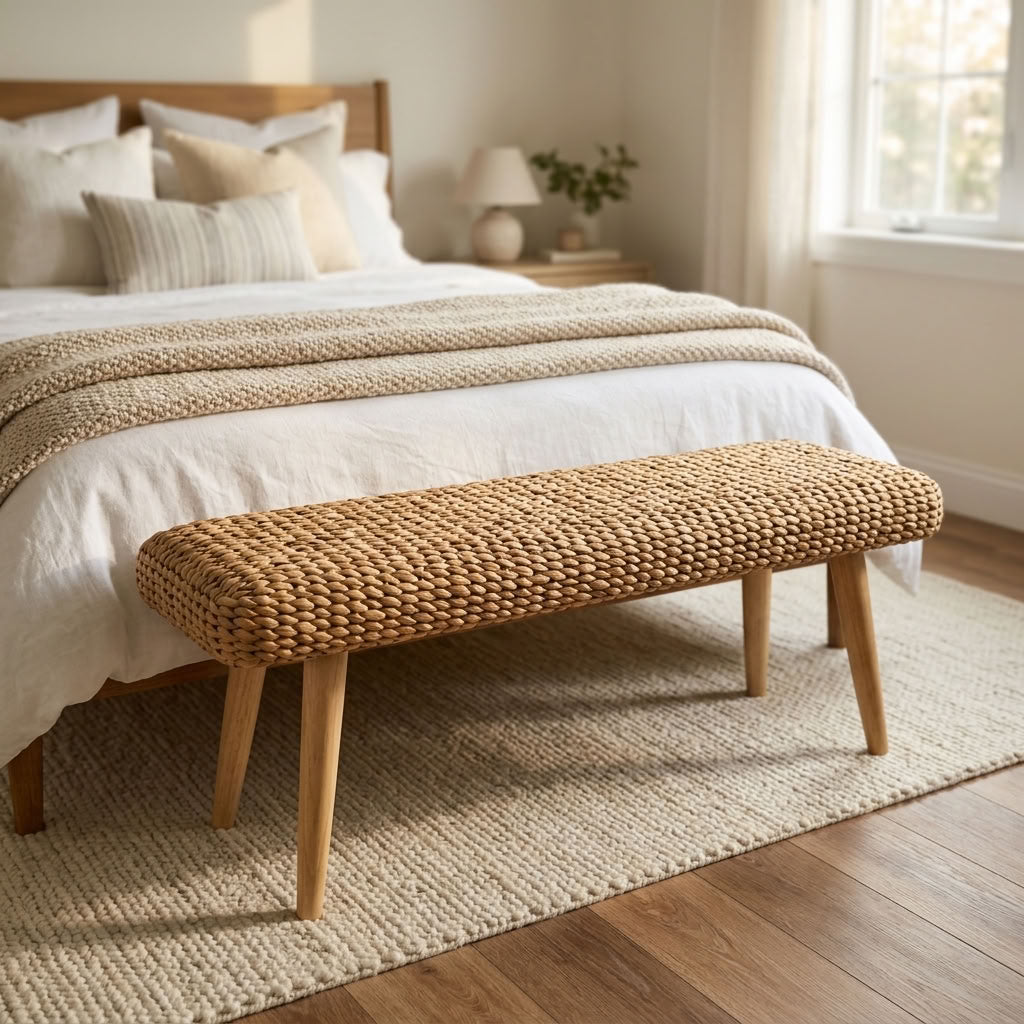 A waterhyacinth wicker bench sits at the foot of a bed in a bright, neutral toned bedroom.