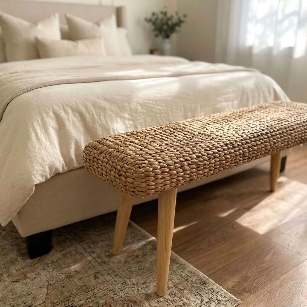 A woven wicker and wooden bench positioned at the foot of a bed in a softly lit bedroom