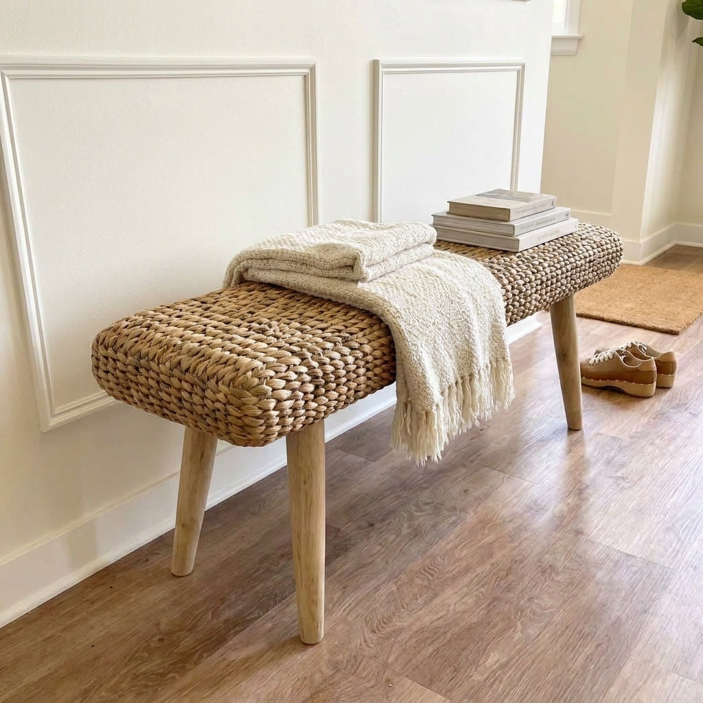 A wicker hallway bench with light wood legs, styled with a cream knit throw blanket and a stack of books