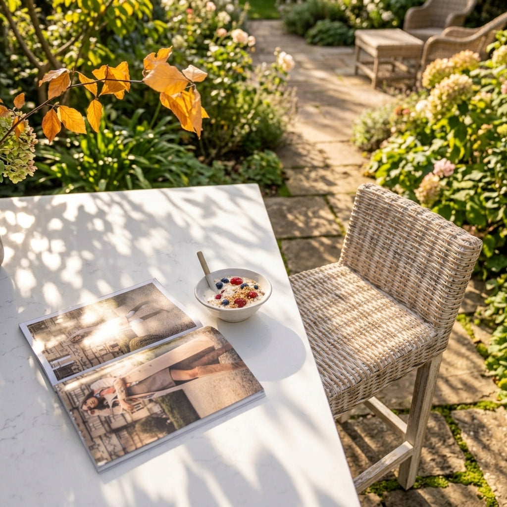 garden patio with kitchen area and rattan stool ready with breakfast