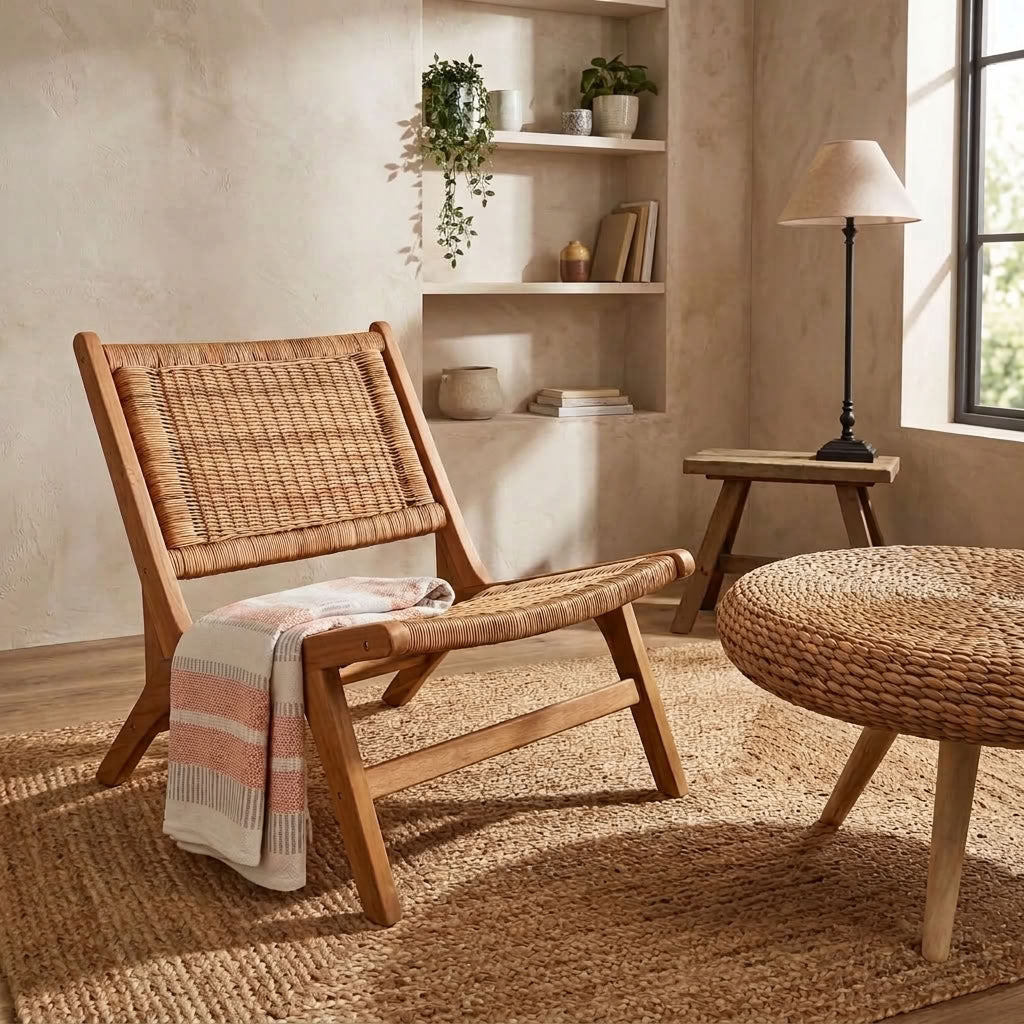 A wooden lounge chair with a woven cane back and seat, styled in a warm, rustic room with a striped throw blanket, a woven ottoman, a side table with a lamp, and built-in shelves in the background.