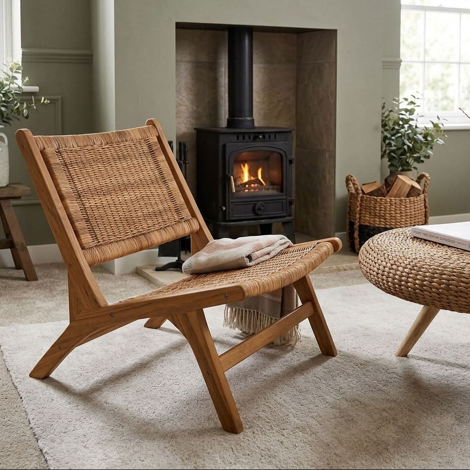 natural rattan chair in living room with log burner lit and wicker coffee table