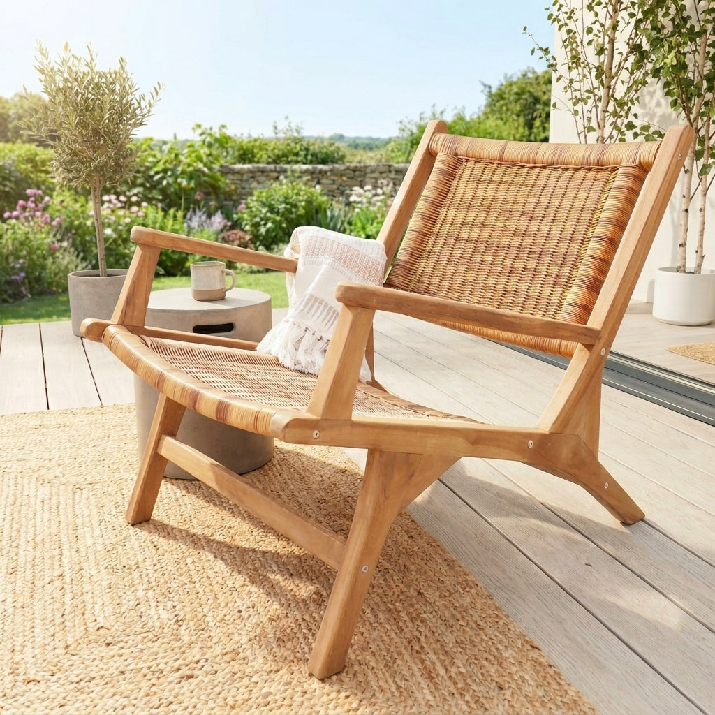 Rattan and wooden chair on a patio with plants and a garden in the background