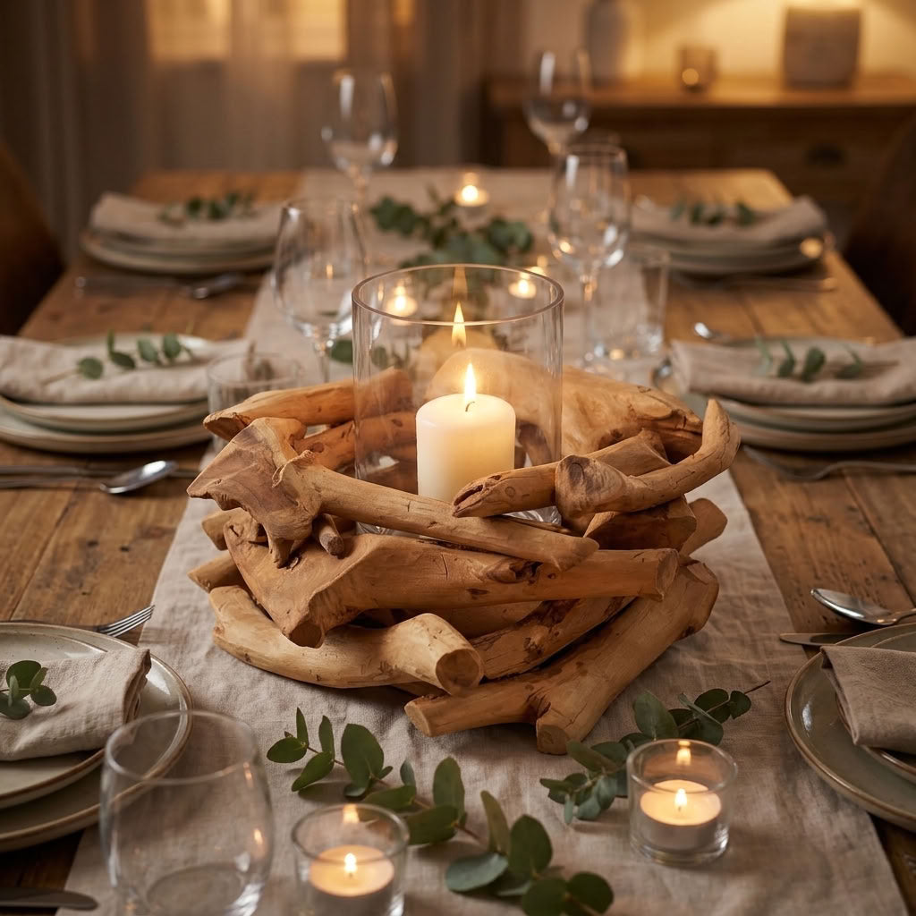 rustic wood candle holder in a driftwood style on a winter dinner table
