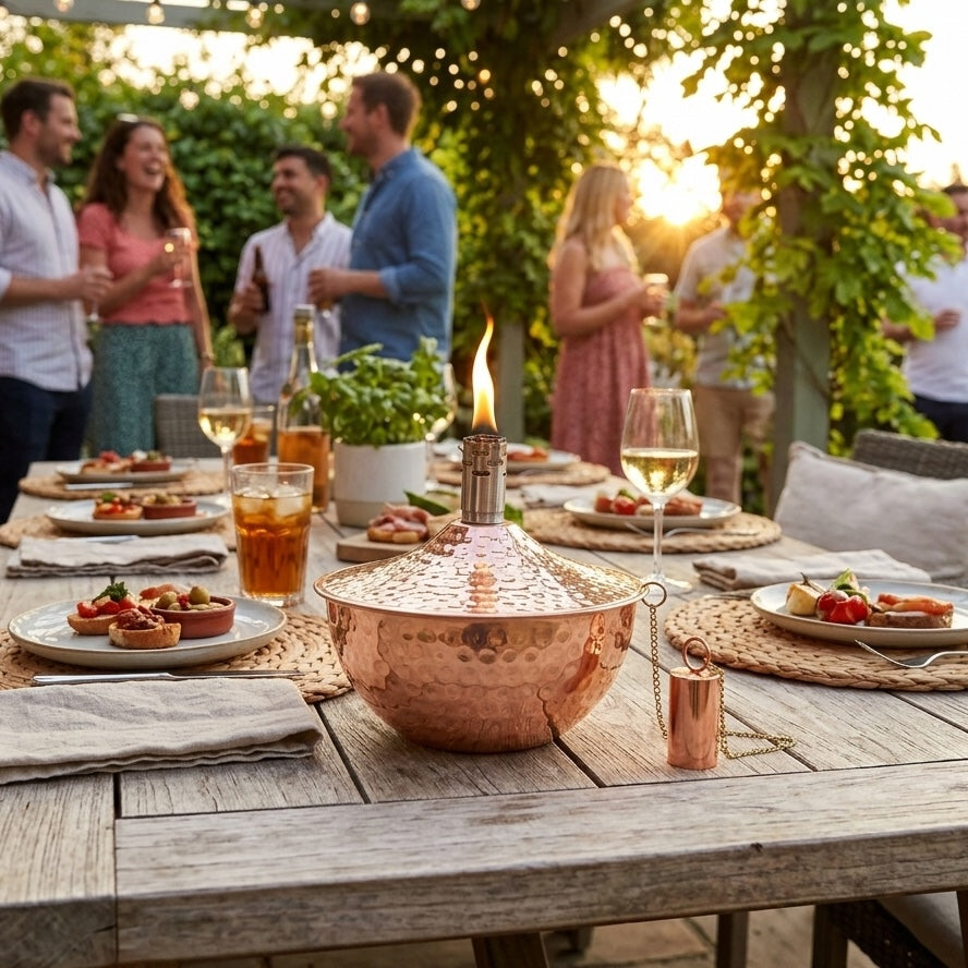 A hammered copper outdoor table lamp with a lit flame sits on a rustic wooden dining table set for guests at a backyard evening gathering.
