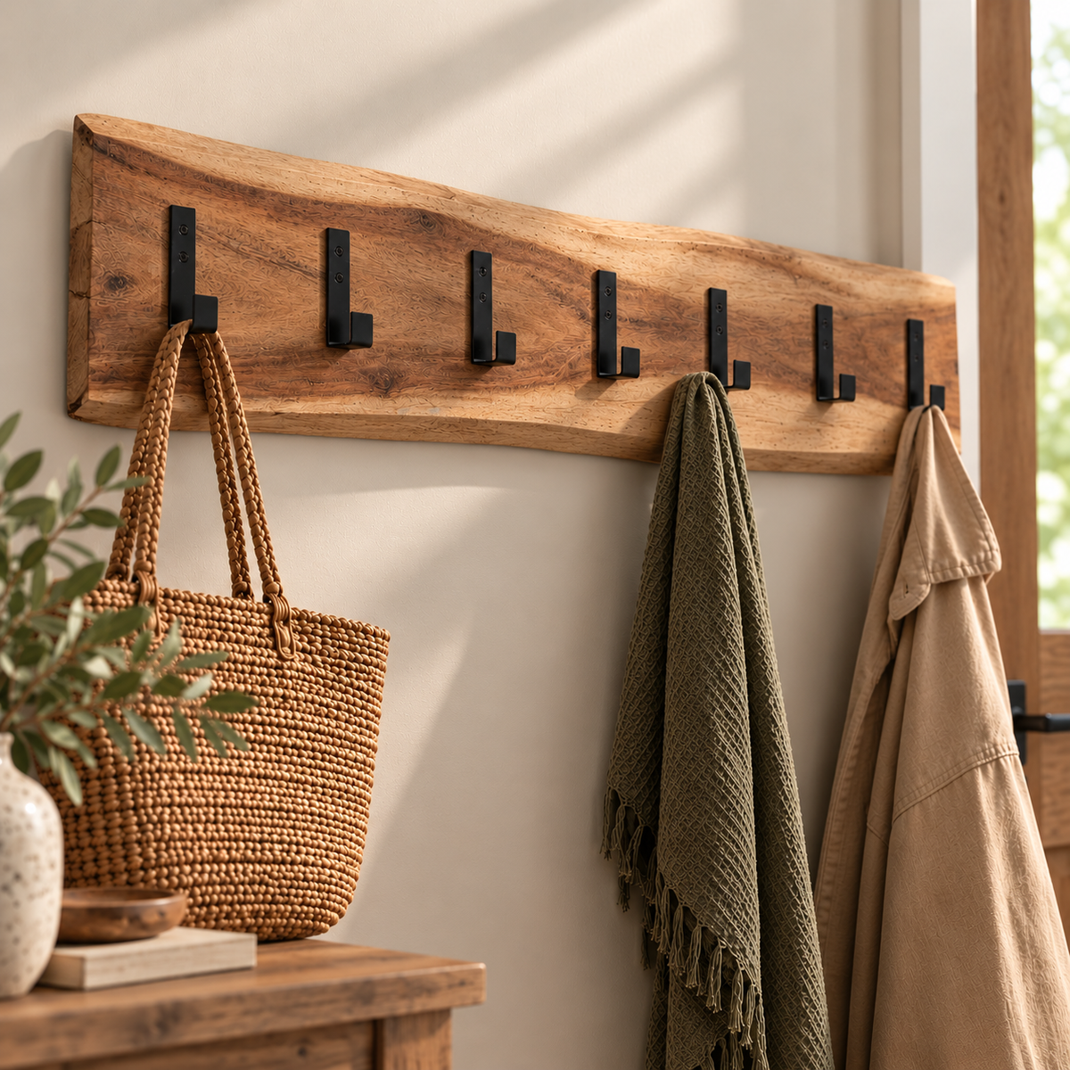 live edge wall mounted coat hook in a hallway with wicker bag and coats hanging from it