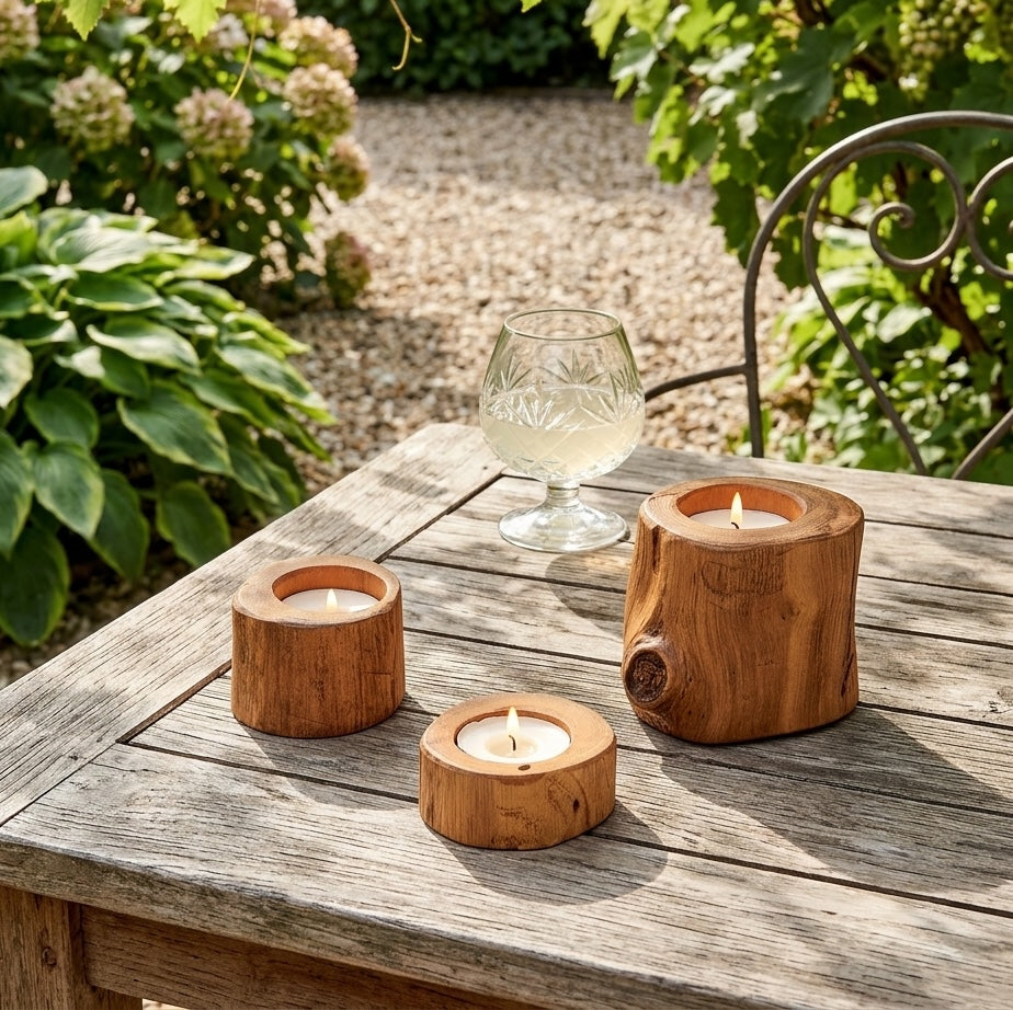Three small wooden candle holders shaped like tree stumps are arranged on a weathered wooden table outdoors, with a glass and garden foliage in the background.