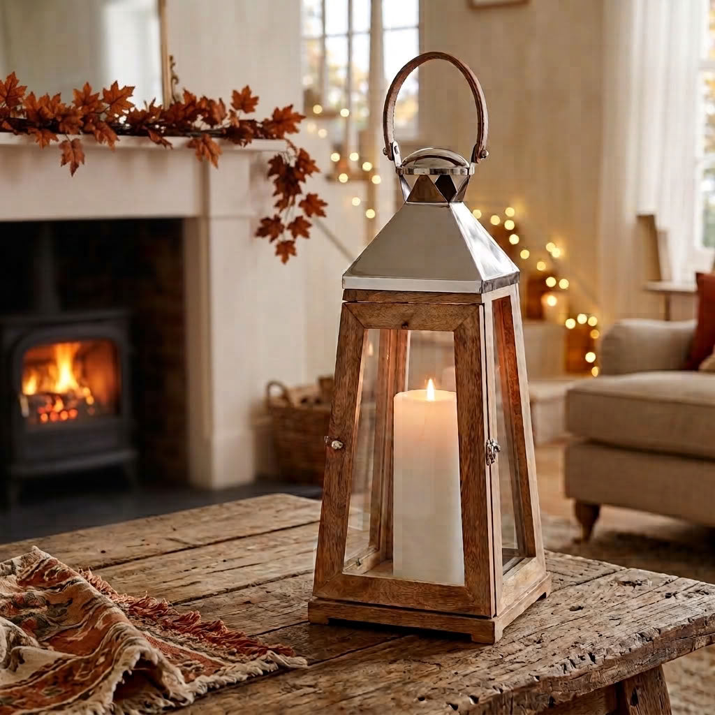 Tall wooden lantern holding a lit white pillar candle, set on a rustic wooden table in a cosy living room with a fireplace in the background.