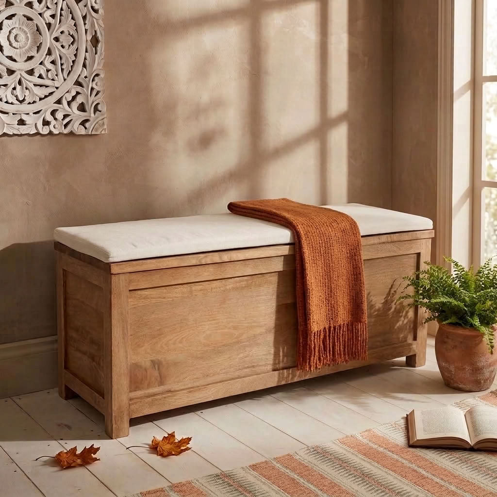 A mango wooden storage bench with a white cushion and a rust-orange throw blanket, styled in a warm, sunlit room with a potted fern, an open book, and scattered autumn leaves.