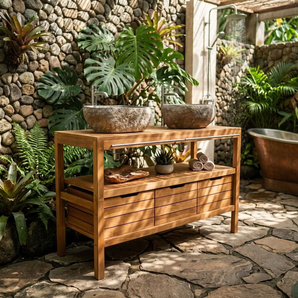 A teak wood large bathroom unit freestanding in an alfresco bathroom setting, in a tropical stone patio bathroom setting with lush green plants and a copper tub.