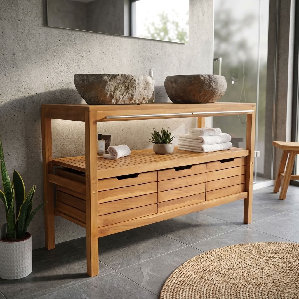 A wooden bathroom vanity console with open shelving and multiple drawers, styled in a modern bathroom setting with stone vessel sinks, towels, and plants.