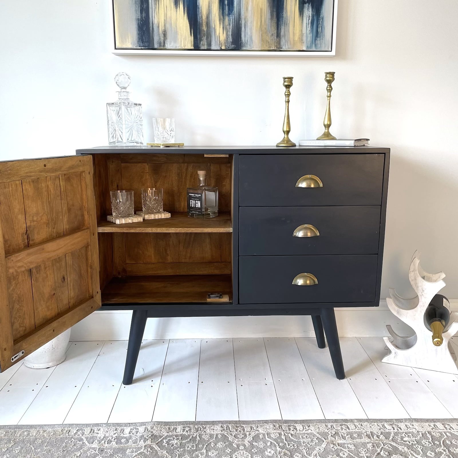 Antique Blue Sideboard Navy - Ellie with Door Open and Drinks