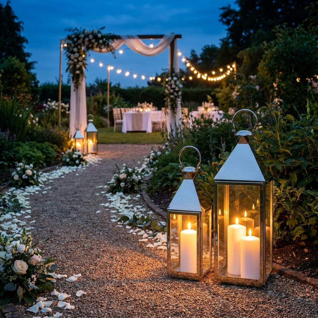 Two lanterns next to a path in a festival setting at evening time
