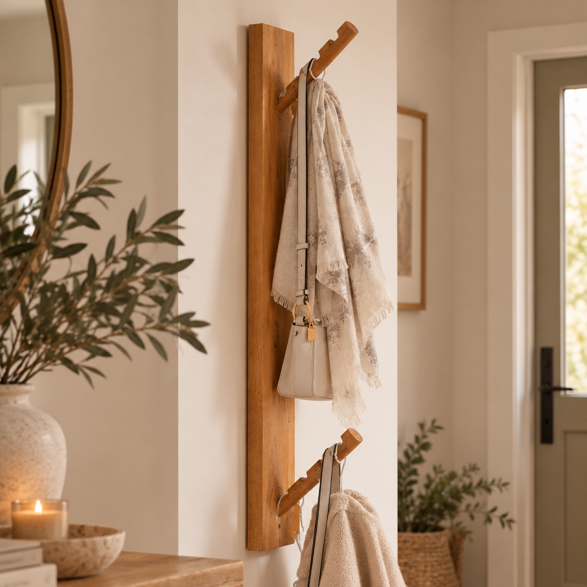 natural wood wall hook in a hallway with scarves and bags hanging from the hooks