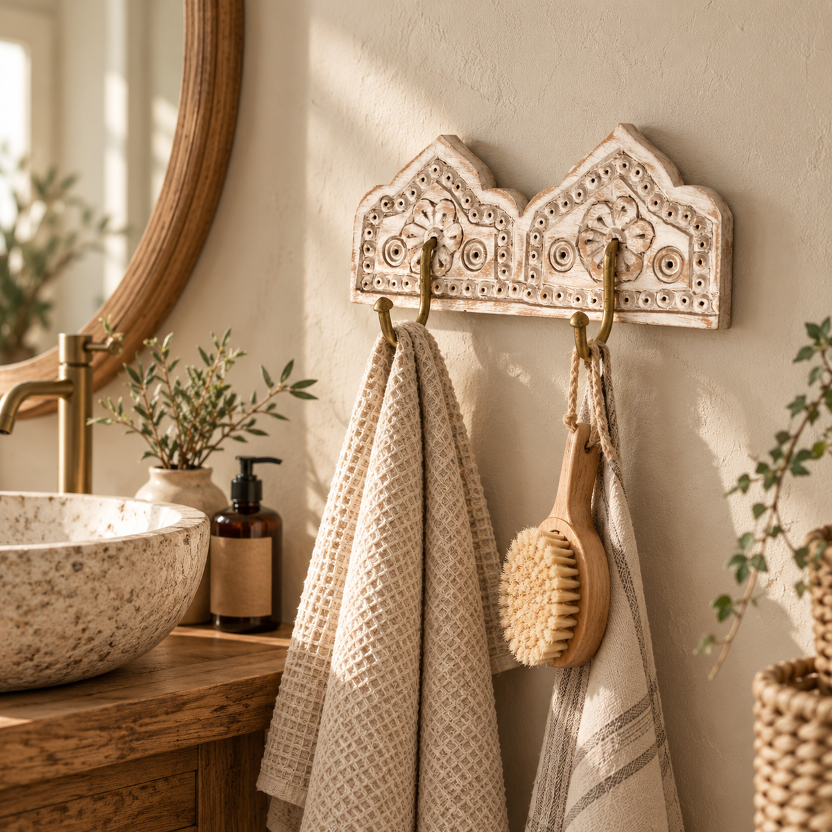 a rustic carved wall hook with flower design, in a bathroom setting with towels hanging off the hooks