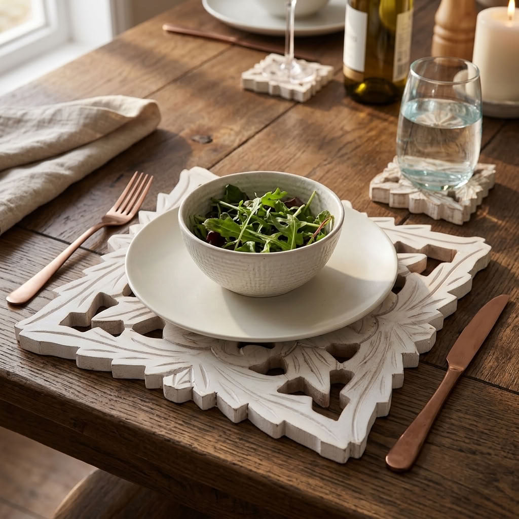 dinner table setting with wooden placemat, salad and glass of water
