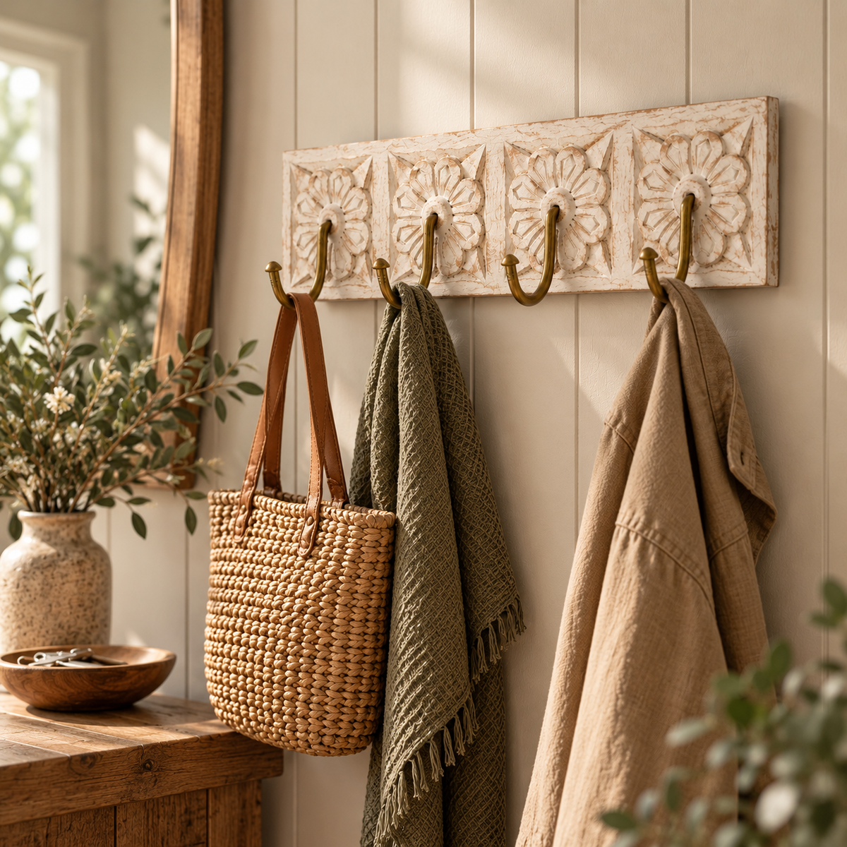 hallway setting with wall panels, on the wall is a coat rack with bags and clothing hanging from it