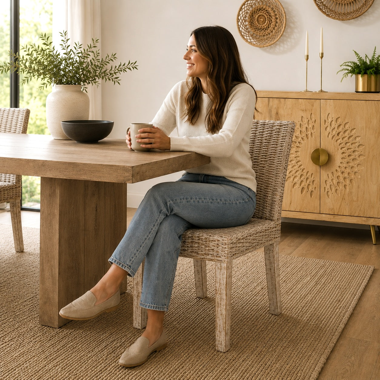 white wash wicker dining chair with person sat on it.