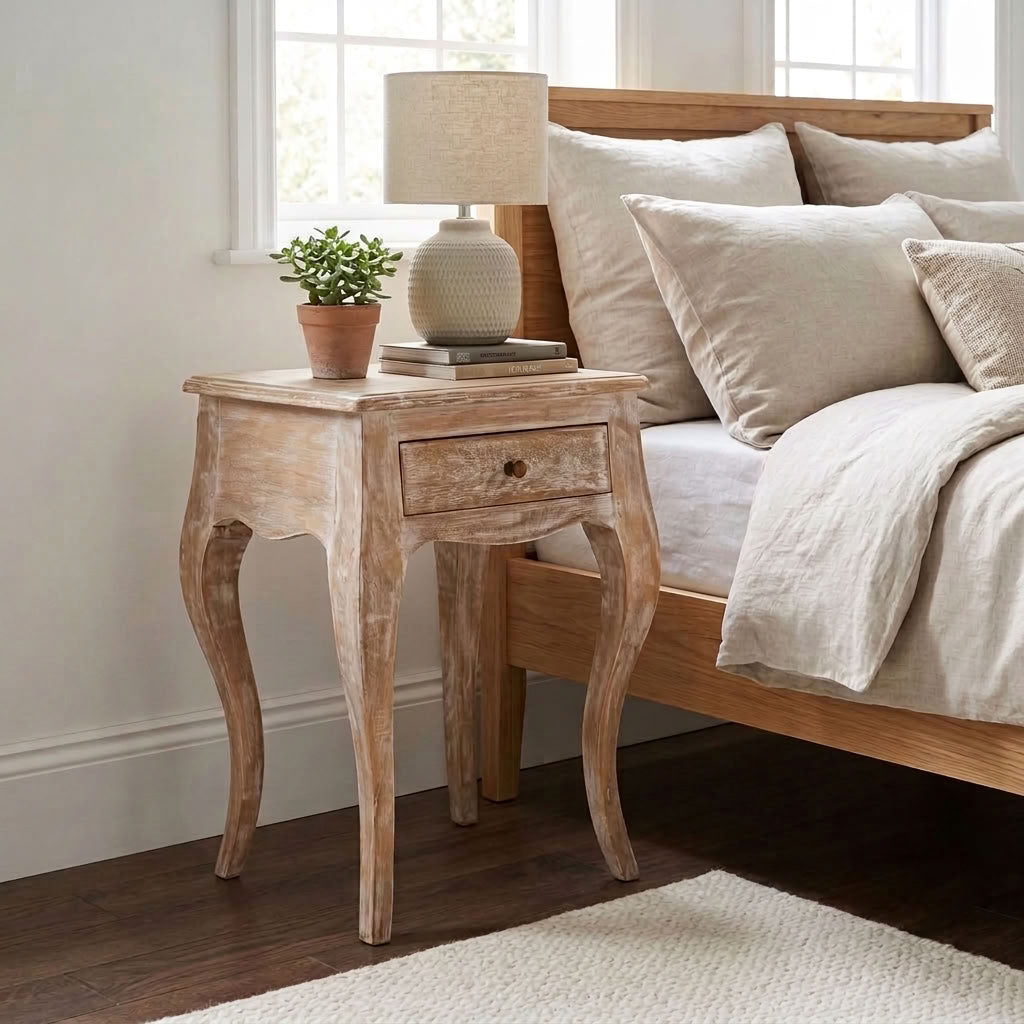 Mango wood bedside table with curved legs and a single drawer, styled next to a bed in a bright bedroom.
