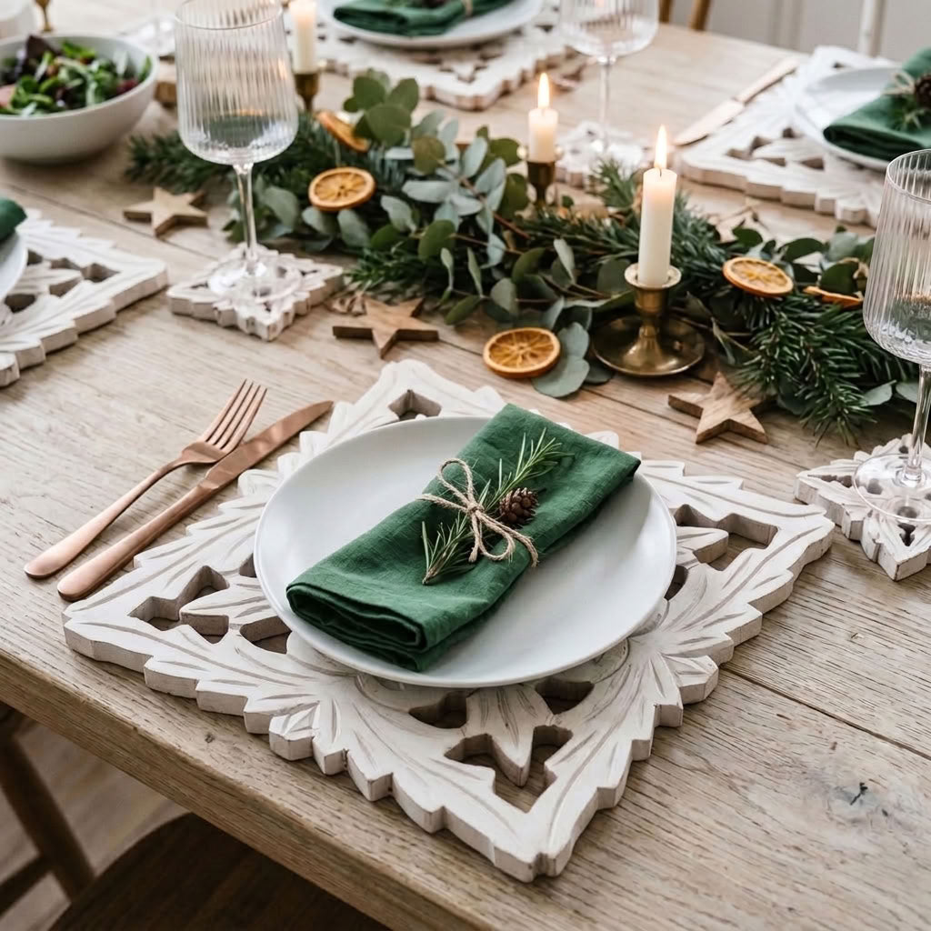 christmas dinner table setting with white wooden placemat, green foliage and candlelight