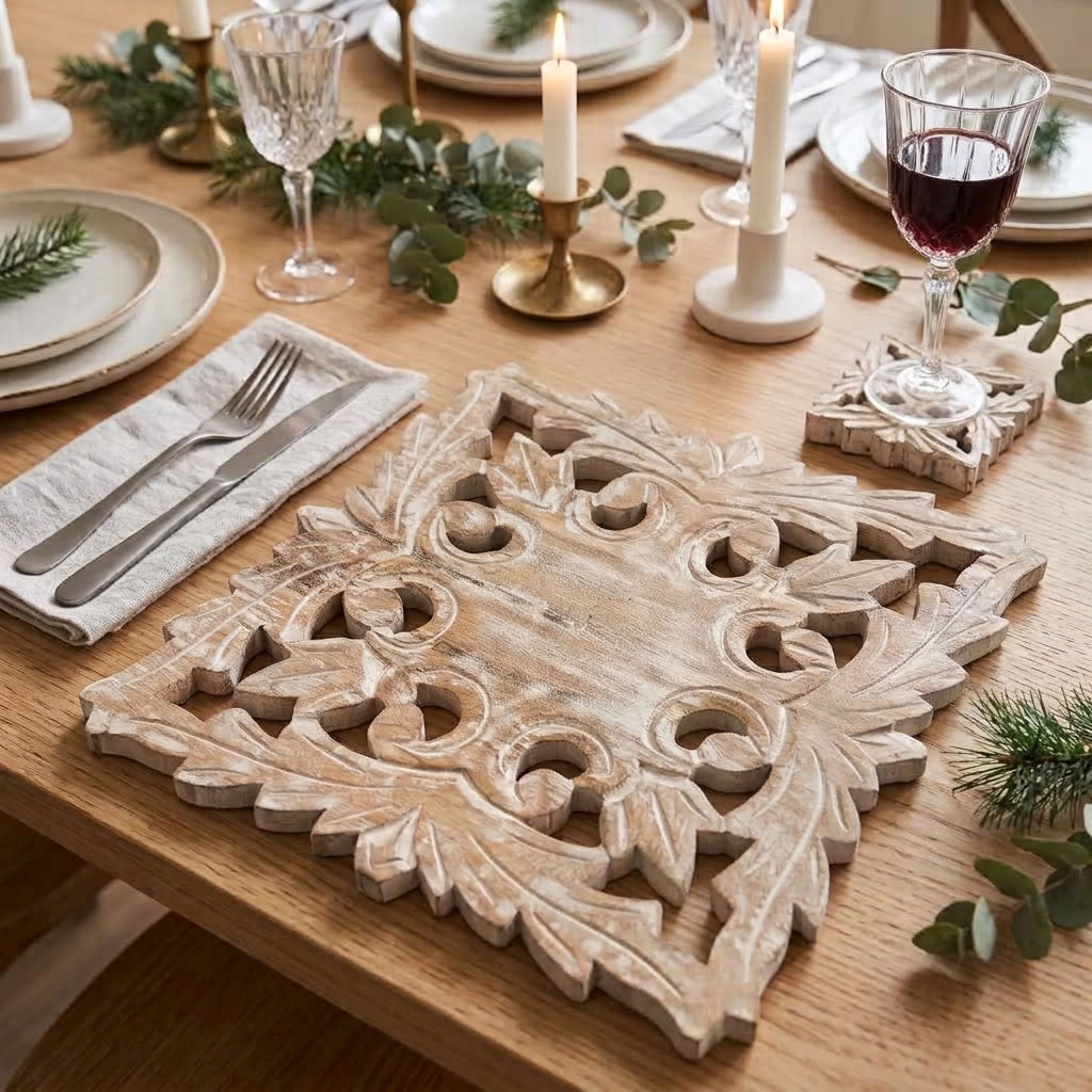 Snowflake Christmas Dinner Placemats Set of Four Hand Carved - Natural