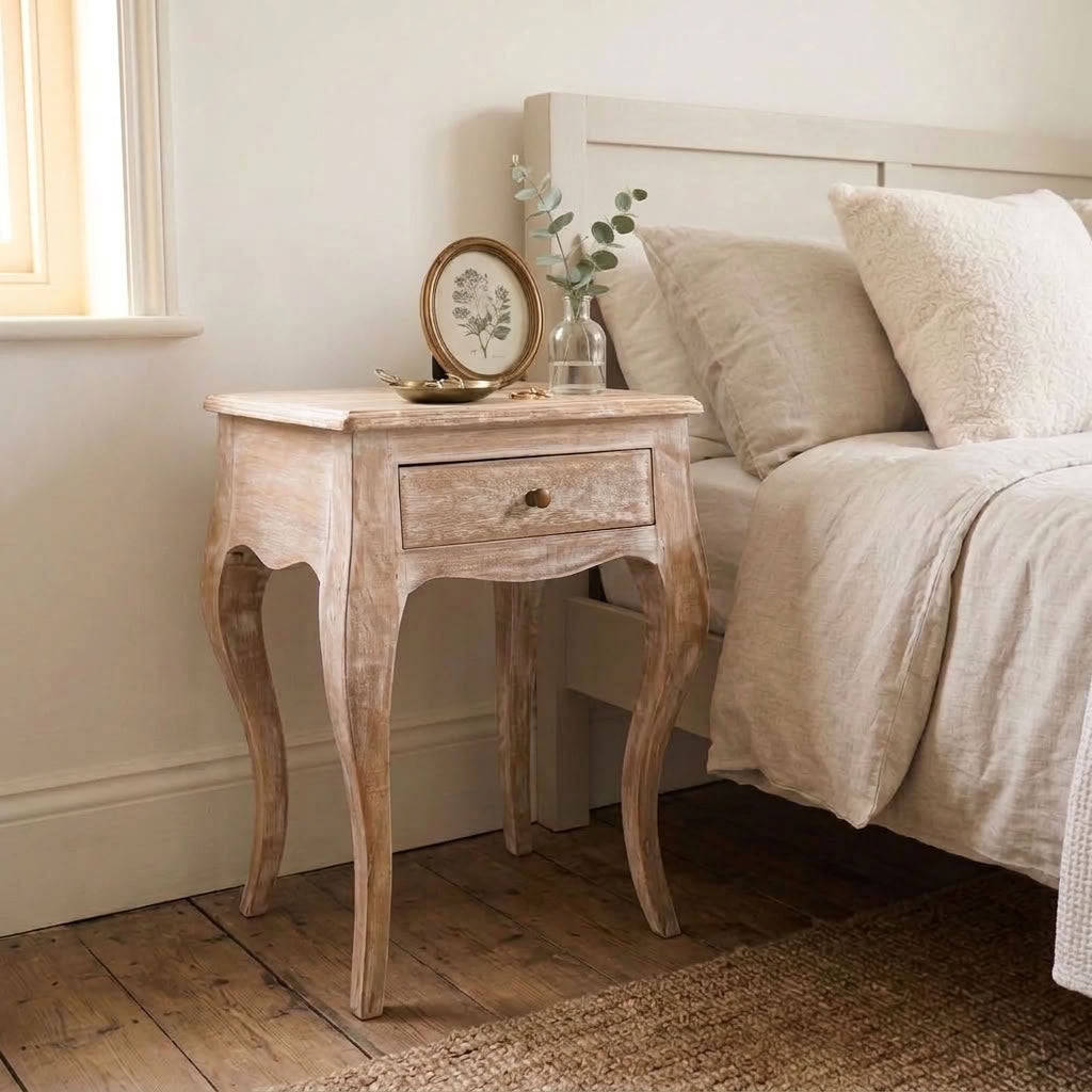 A distressed light wood bedside table with a single drawer, styled next to a bed with neutral linens in a bright bedroom.
