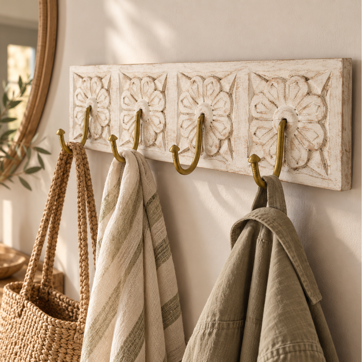 white rustic wooden coat hook with brass handles with wicker bag and clothes hanging off it