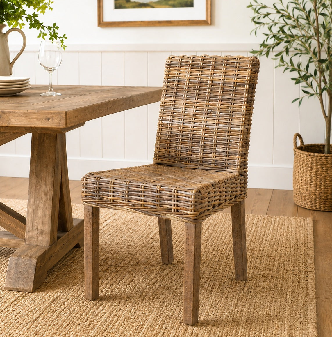 Natural Wicker dining chair next to a table on a rug in a dining room