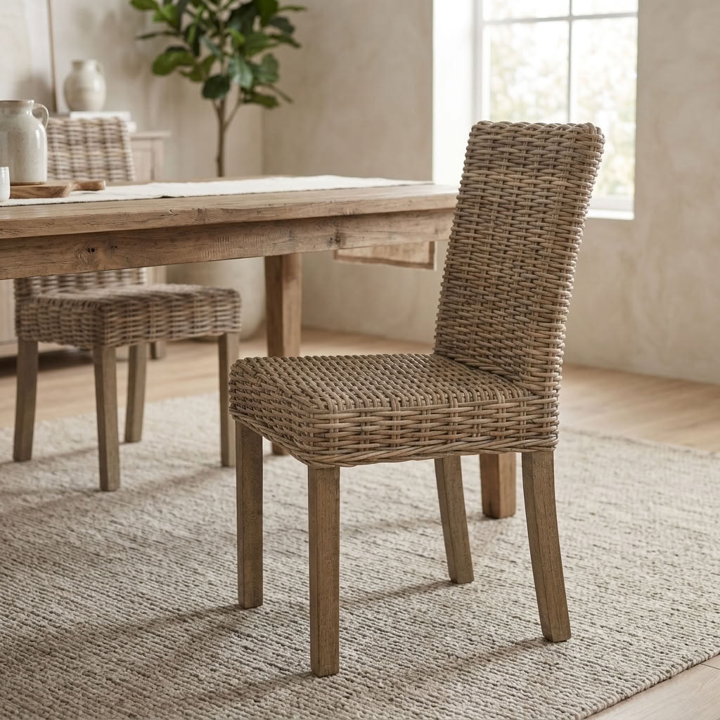 rattan dining chair at wooden dining table, placed on a wool rug