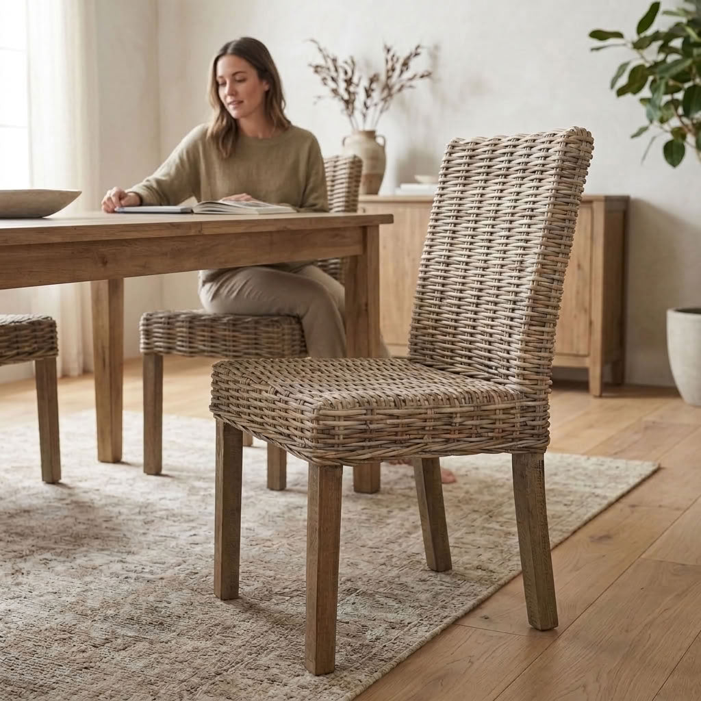 rattan dining chair at dining table with women reading a magazine, on a patterned rug