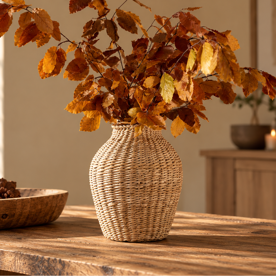 a wicker vase sat on a rustic wood dining table with autumnal leaves in the vase