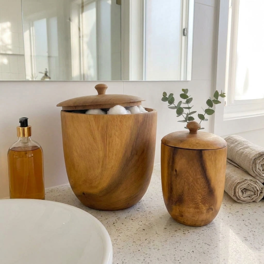 Two large round wooden storage pots with lids sat on a bathroom counter beside a glass soap bottle and rolled towels.