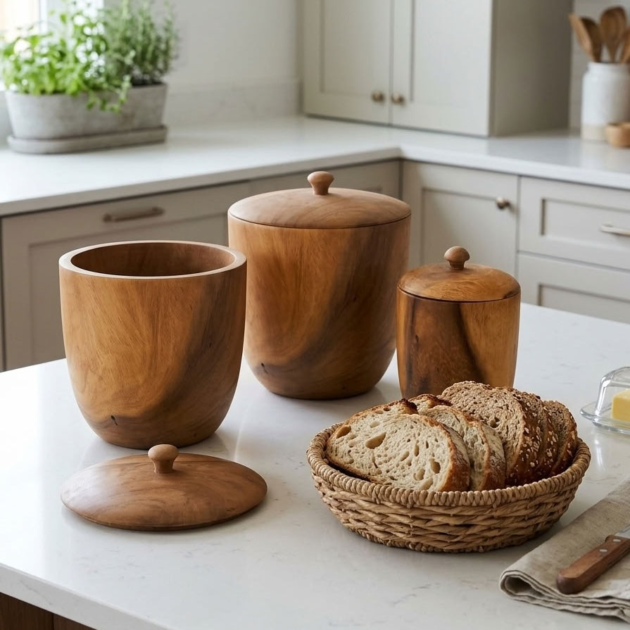 Three wooden storage pots are arranged on a kitchen counter beside a woven basket of sliced bread. Set in a light kitchen with cabinets, a plant, and countertop items.