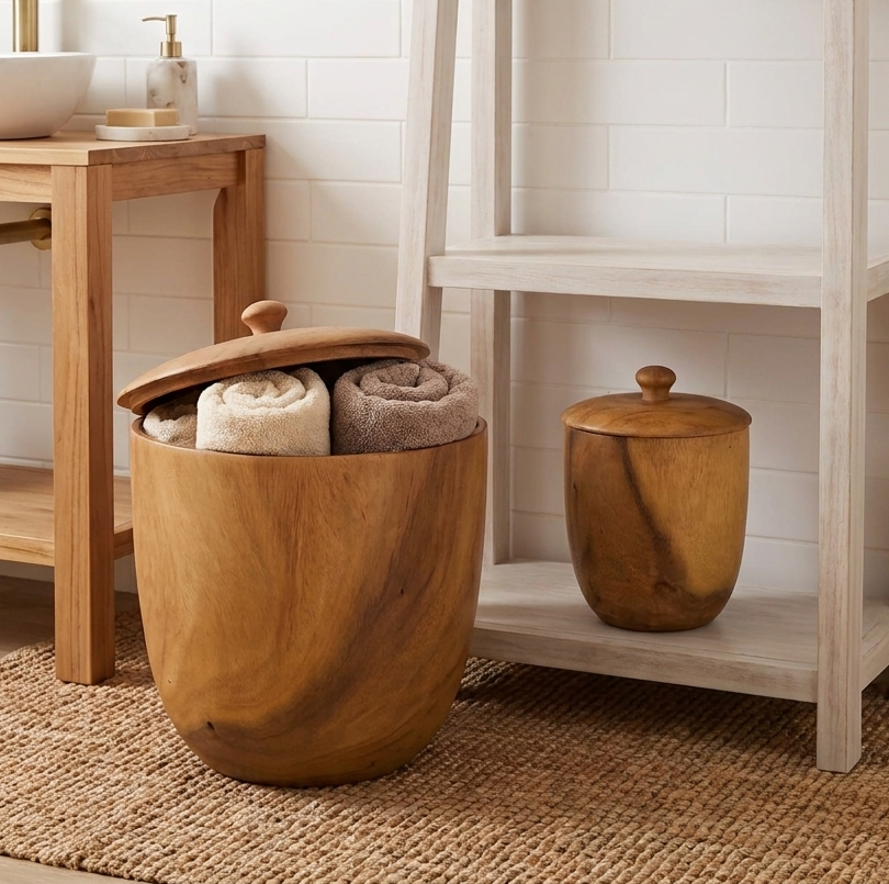 Two round wooden storage pots with lids in a bathroom setting. One filled with rolled towels, next to a vanity unit.